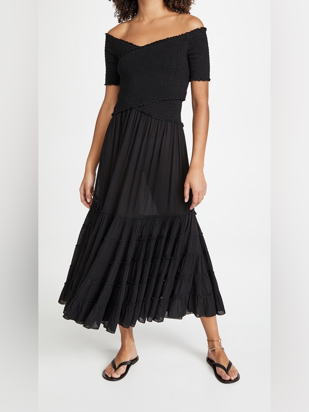 Poupette St. Barth Soledad Black Smocked Tiered Maxi Dress Resortwear Size M